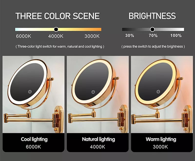 Gold Bathroom Round Foldable Mirror With Led Light  -  Bathroom Accessories
