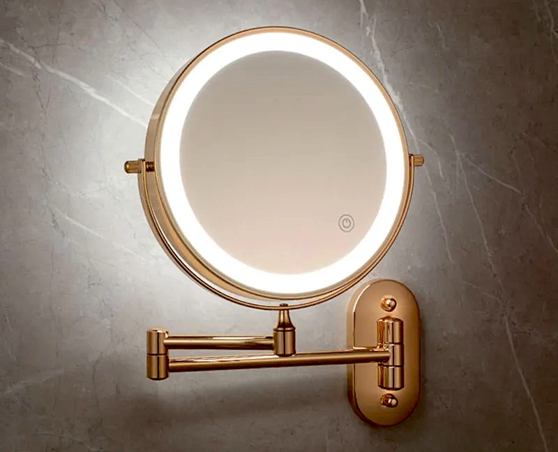 Gold Bathroom Round Foldable Mirror With Led Light  -  Bathroom Accessories