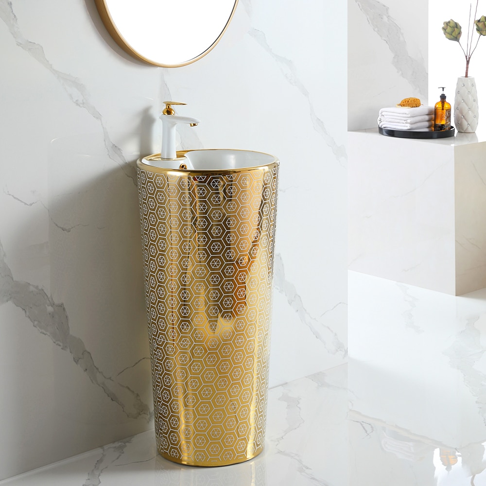 Modern Gold Pedestal Basin With Unique Hexagon Pattern  -  Gold Bathroom Basins / Sinks
