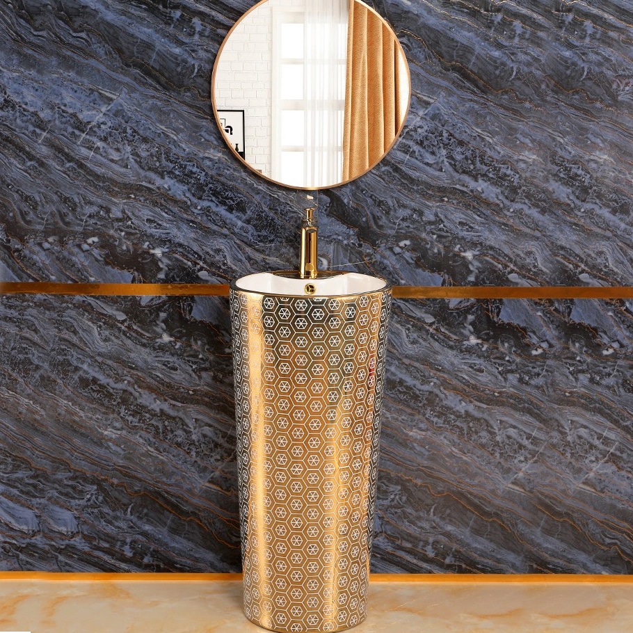 Modern Gold Pedestal Basin With Unique Hexagon Pattern  -  Gold Bathroom Basins / Sinks