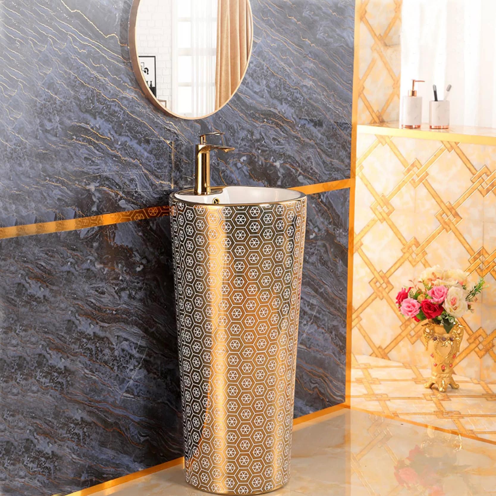 Modern Gold Pedestal Basin With Unique Hexagon Pattern  -  Gold Bathroom Basins / Sinks