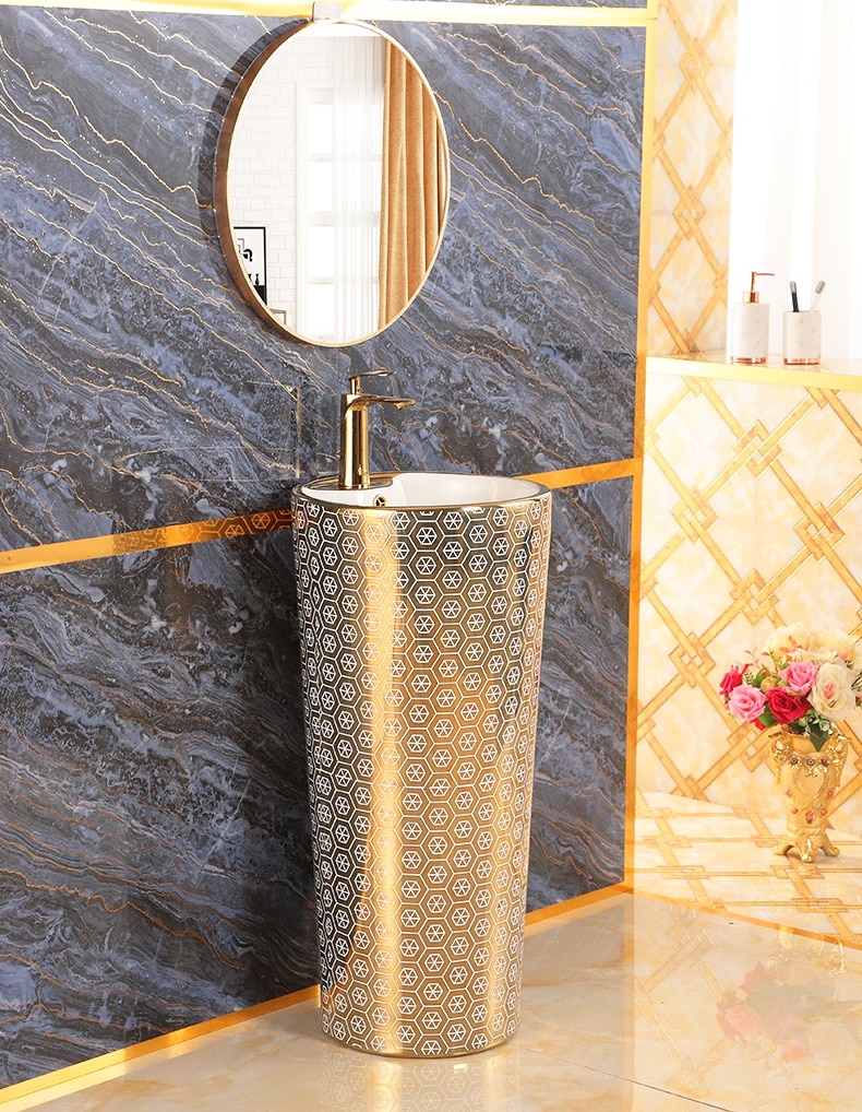 Modern Gold Pedestal Basin With Unique Hexagon Pattern  -  Gold Bathroom Basins / Sinks