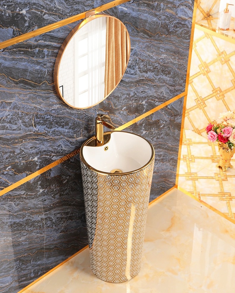 Modern Gold Pedestal Basin With Unique Hexagon Pattern  -  Gold Bathroom Basins / Sinks