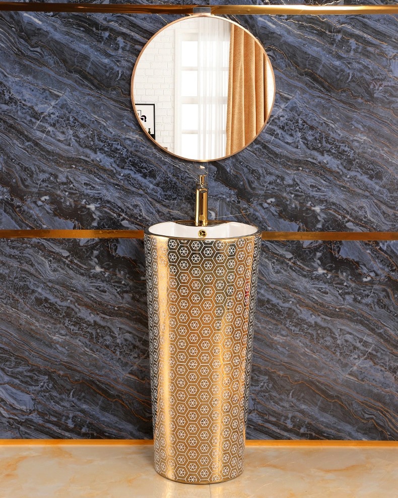 Modern Gold Pedestal Basin With Unique Hexagon Pattern  -  Gold Bathroom Basins / Sinks