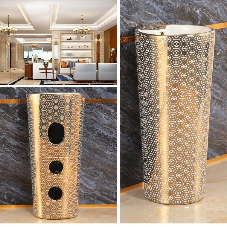 Modern Gold Pedestal Basin With Unique Hexagon Pattern  -  Gold Bathroom Basins / Sinks