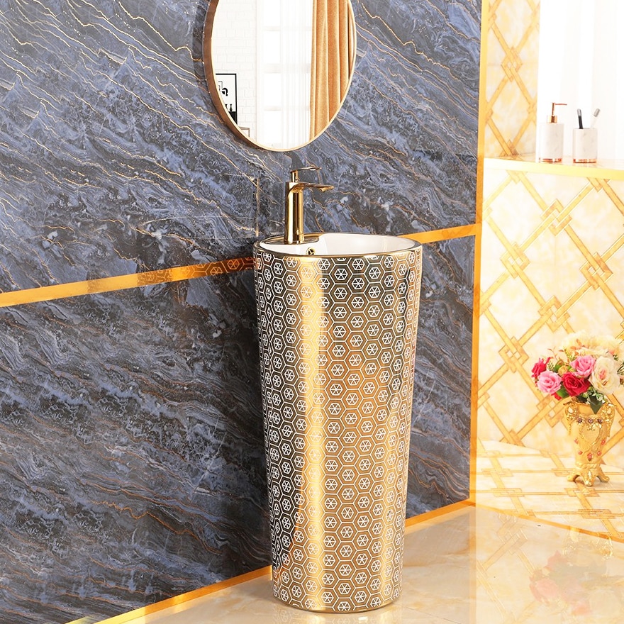 Modern Gold Pedestal Basin With Unique Hexagon Pattern  -  Gold Bathroom Basins / Sinks