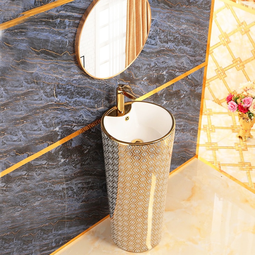 Modern Gold Pedestal Basin With Unique Hexagon Pattern  -  Gold Bathroom Basins / Sinks