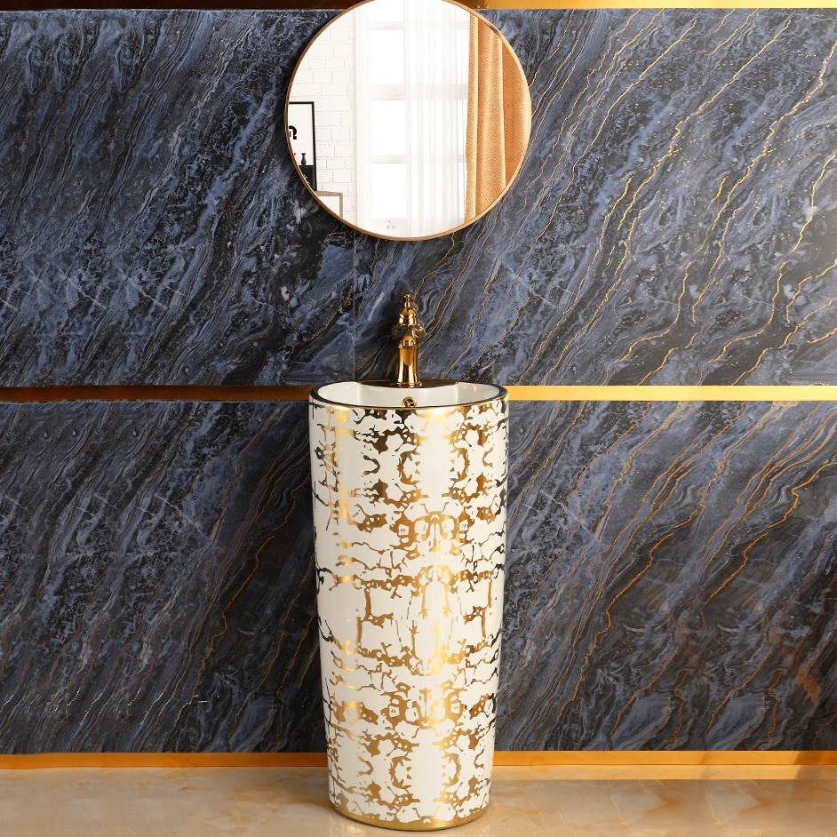 Modern White & Gold Pedestal Basin  -  Gold Bathroom Basins / Sinks