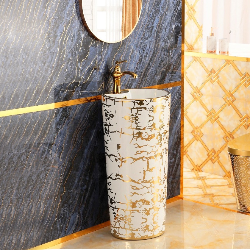 Modern White & Gold Pedestal Basin  -  Gold Bathroom Basins / Sinks