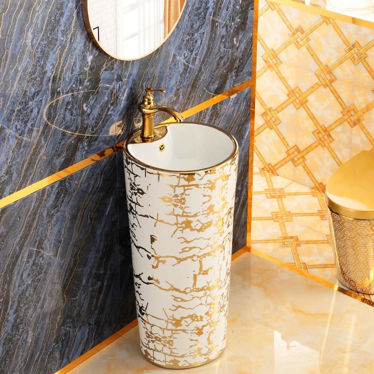 Modern White & Gold Pedestal Basin  -  Gold Bathroom Basins / Sinks