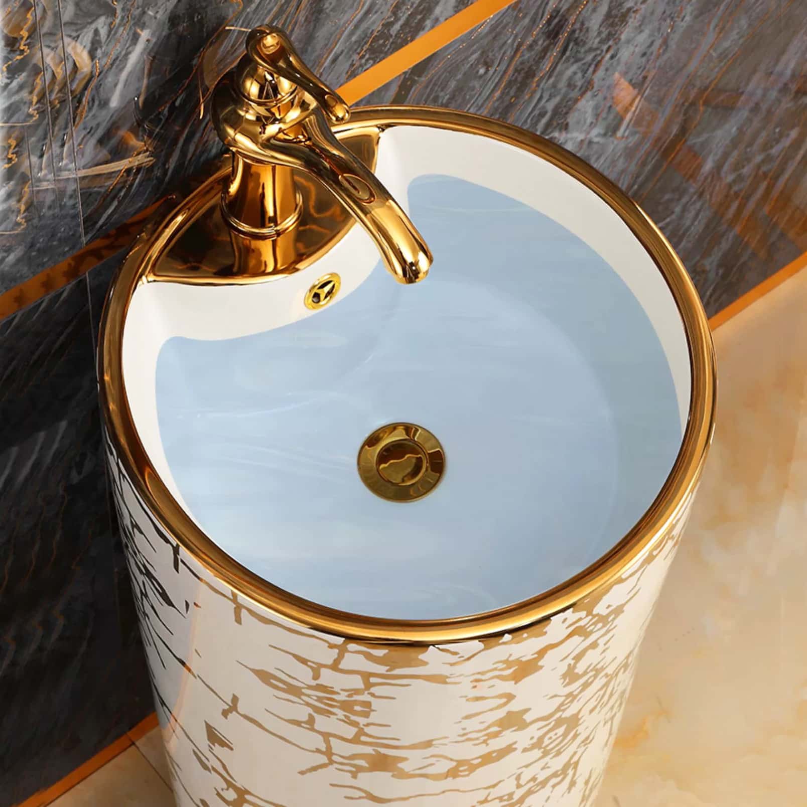 Modern White & Gold Pedestal Basin  -  Gold Bathroom Basins / Sinks