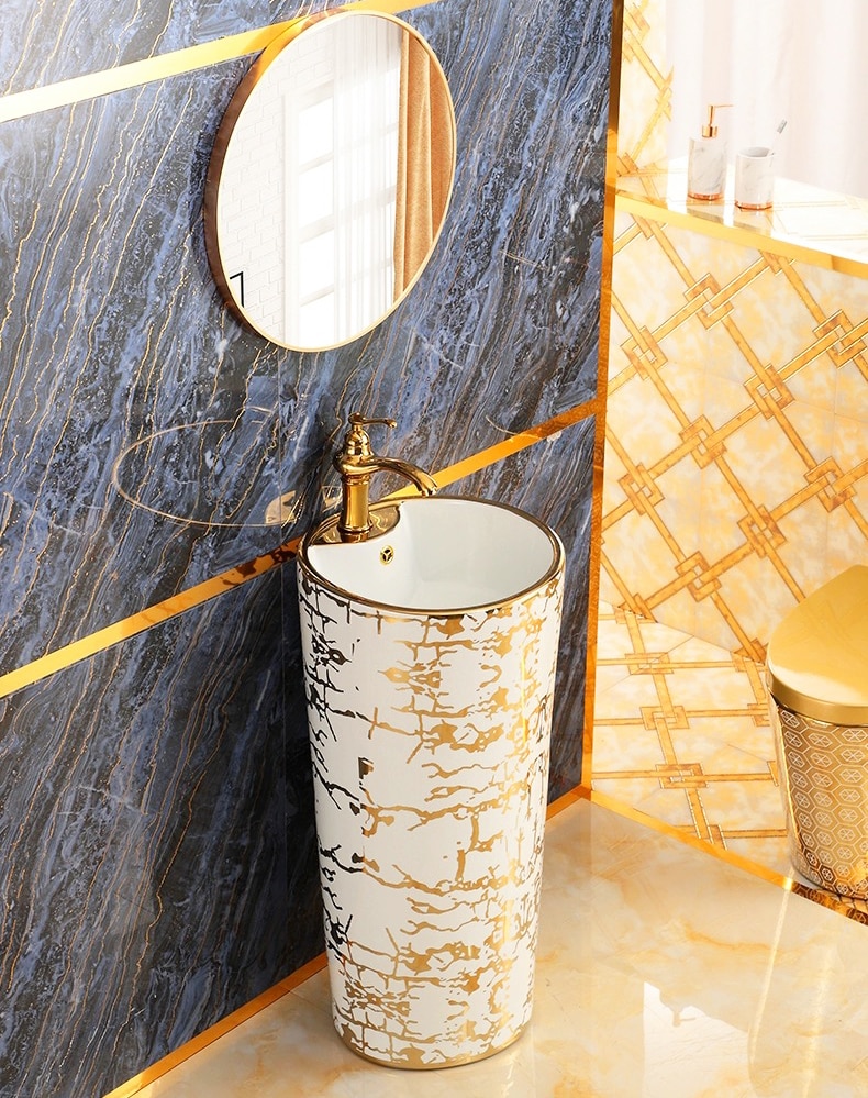 Modern White & Gold Pedestal Basin  -  Gold Bathroom Basins / Sinks