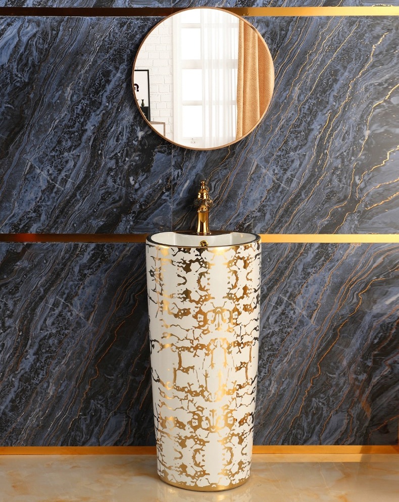 Modern White & Gold Pedestal Basin  -  Gold Bathroom Basins / Sinks