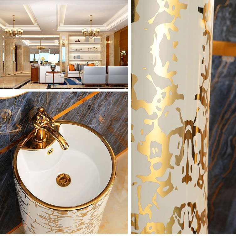 Modern White & Gold Pedestal Basin  -  Gold Bathroom Basins / Sinks