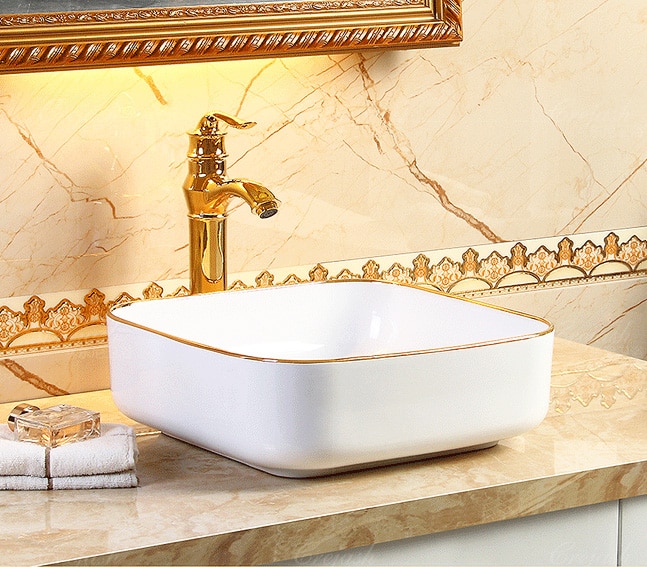 Classic Rectangular Bathroom Basin With Gold Trim  -  Gold Bathroom Basins / Sinks