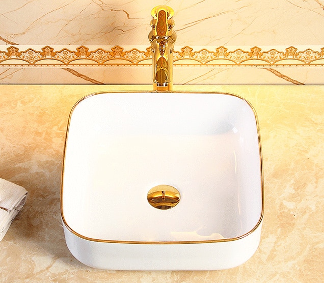 Classic Rectangular Bathroom Basin With Gold Trim  -  Gold Bathroom Basins / Sinks