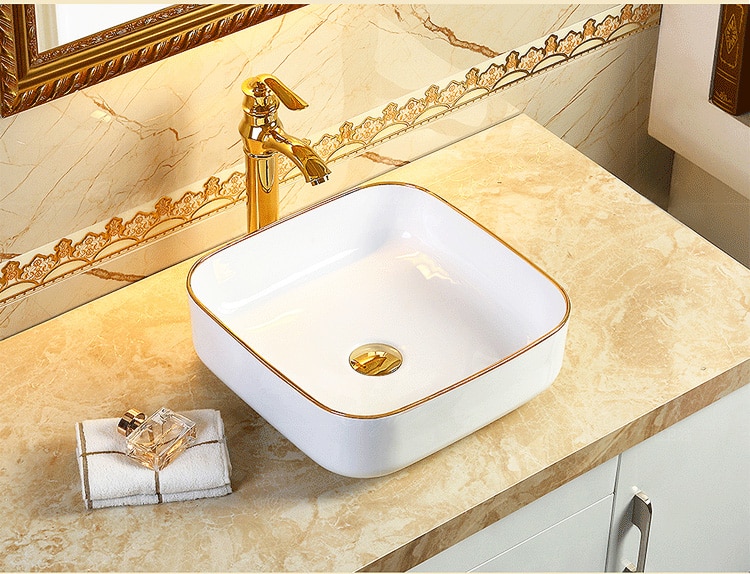 Classic Rectangular Bathroom Basin With Gold Trim  -  Gold Bathroom Basins / Sinks
