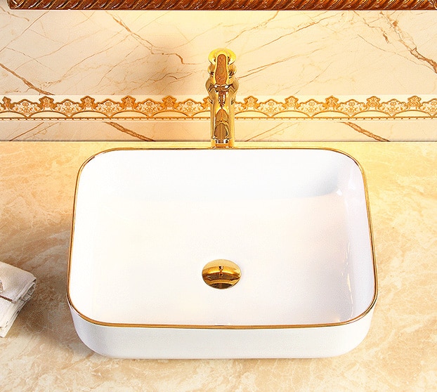 Classic Rectangular Bathroom Basin With Gold Trim  -  Gold Bathroom Basins / Sinks