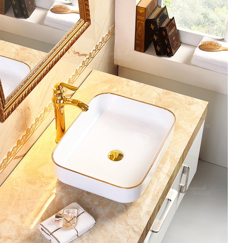 Classic Rectangular Bathroom Basin With Gold Trim  -  Gold Bathroom Basins / Sinks