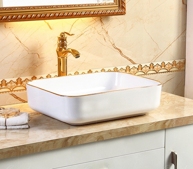 Classic Rectangular Bathroom Basin With Gold Trim  -  Gold Bathroom Basins / Sinks