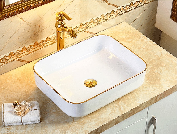 Classic Rectangular Bathroom Basin With Gold Trim  -  Gold Bathroom Basins / Sinks
