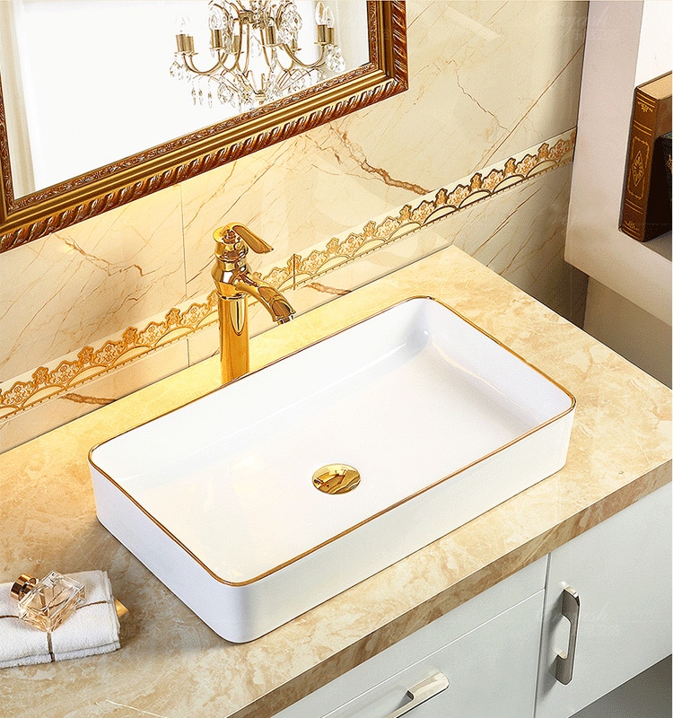 Classic Rectangular Bathroom Basin With Gold Trim  -  Gold Bathroom Basins / Sinks