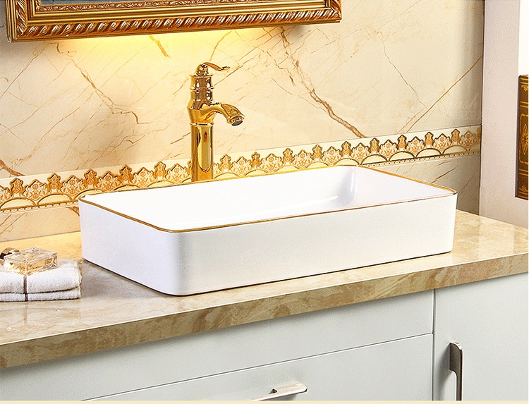 Classic Rectangular Bathroom Basin With Gold Trim  -  Gold Bathroom Basins / Sinks