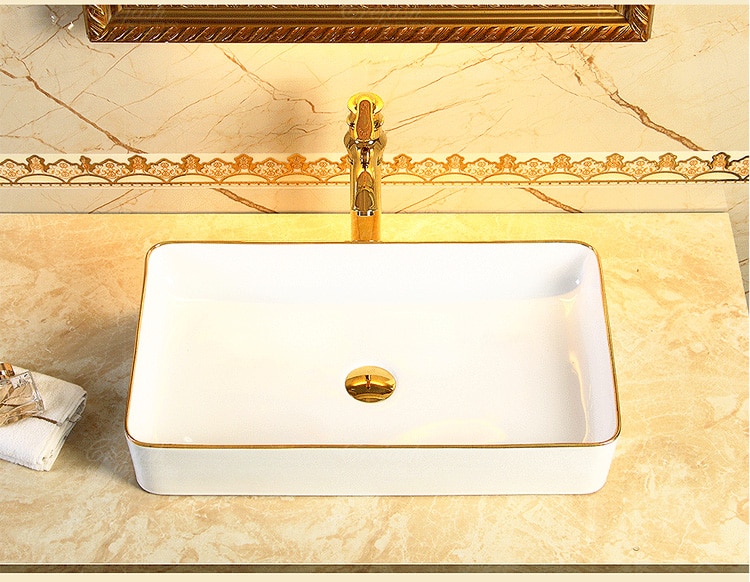 Classic Rectangular Bathroom Basin With Gold Trim  -  Gold Bathroom Basins / Sinks