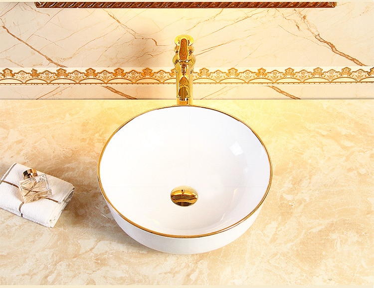 Classic Rounded Bathroom Basin With Gold Trim  -  Gold Bathroom Basins / Sinks