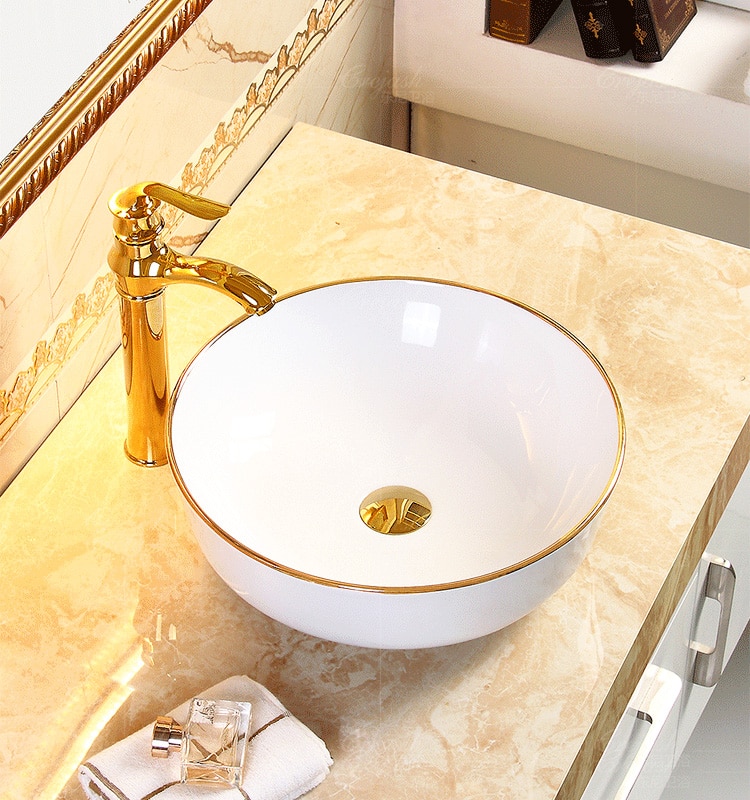 Classic Rounded Bathroom Basin With Gold Trim  -  Gold Bathroom Basins / Sinks