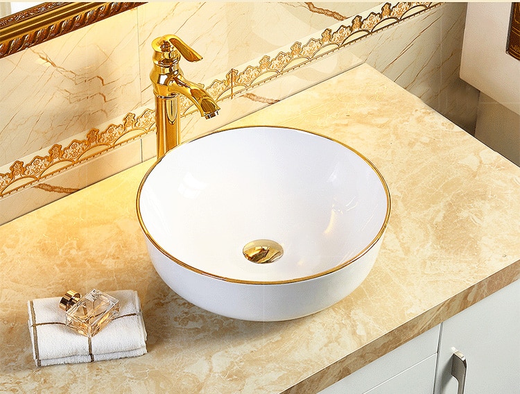 Classic Rounded Bathroom Basin With Gold Trim  -  Gold Bathroom Basins / Sinks