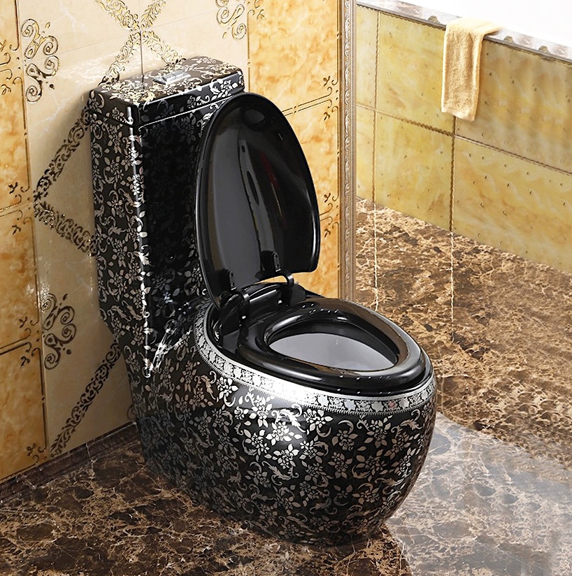 Oval Shaped Black And Silver Toilet  -  Silver Toilets