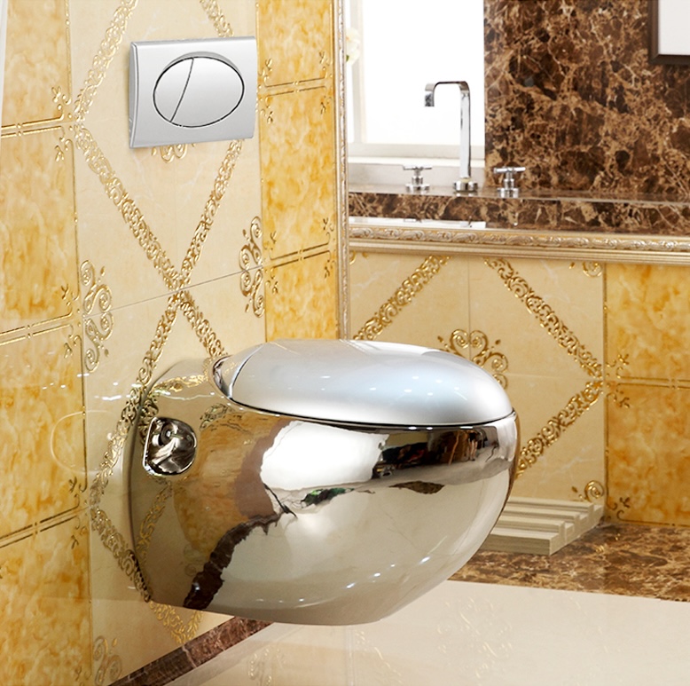 Oval Shaped Plain Silver Wall Hung Toilet  -  Silver Toilets
