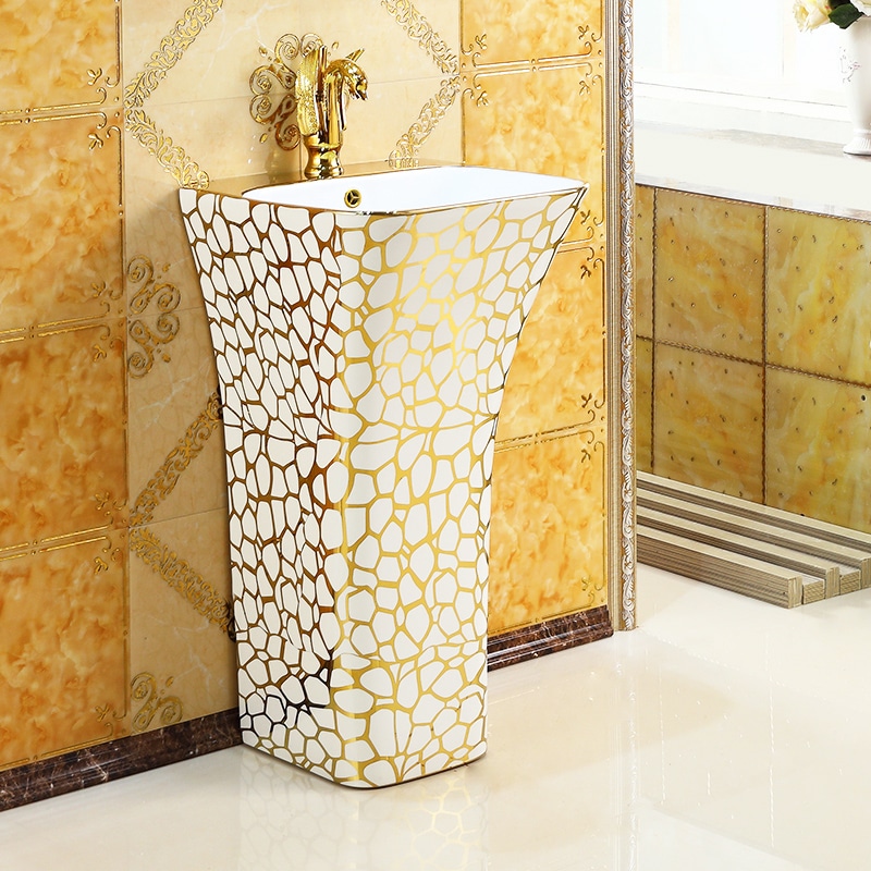 Seraphina Mosaic White And Gold Pedestal Sink  -  Gold Bathroom Basins / Sinks
