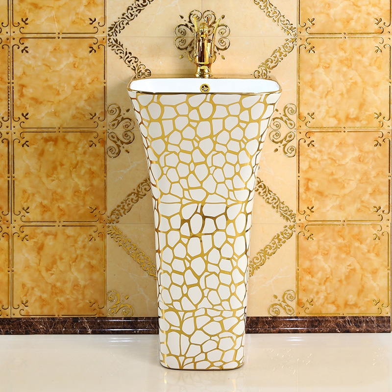 Seraphina Mosaic White And Gold Pedestal Sink  -  Gold Bathroom Basins / Sinks
