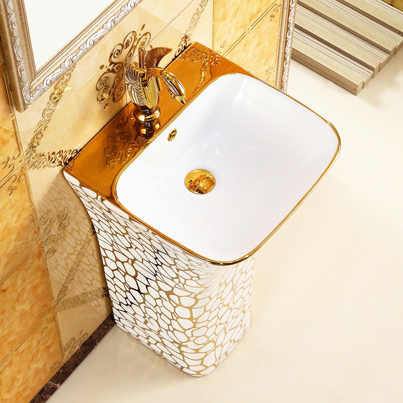 Seraphina Mosaic White And Gold Pedestal Sink  -  Gold Bathroom Basins / Sinks