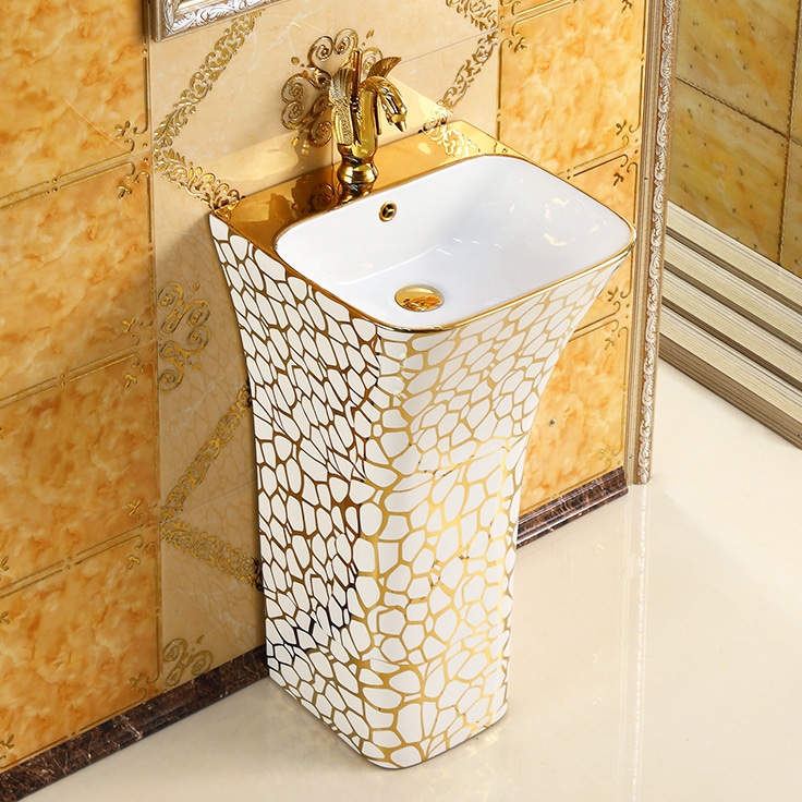 Seraphina Mosaic White And Gold Pedestal Sink  -  Gold Bathroom Basins / Sinks