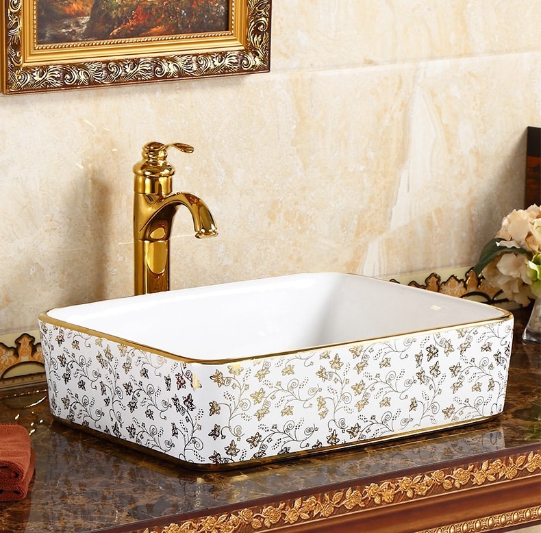 Elegant Rectangular Bathroom Basin With Gold Floral Accents  -  Gold Bathroom Basins / Sinks