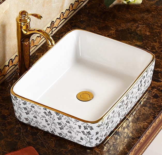 Elegant Rectangular Bathroom Basin With Gold Floral Accents  -  Gold Bathroom Basins / Sinks