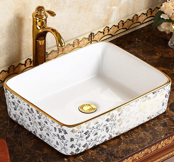 Elegant Rectangular Bathroom Basin With Gold Floral Accents  -  Gold Bathroom Basins / Sinks