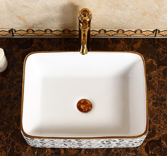 Elegant Rectangular Bathroom Basin With Gold Floral Accents  -  Gold Bathroom Basins / Sinks