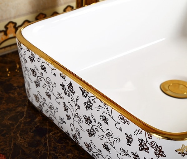 Elegant Rectangular Bathroom Basin With Gold Floral Accents  -  Gold Bathroom Basins / Sinks