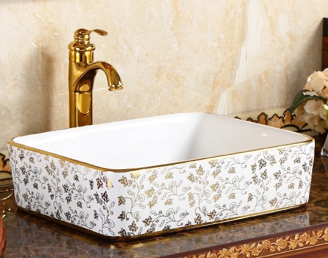 Elegant Rectangular Bathroom Basin With Gold Floral Accents  -  Gold Bathroom Basins / Sinks