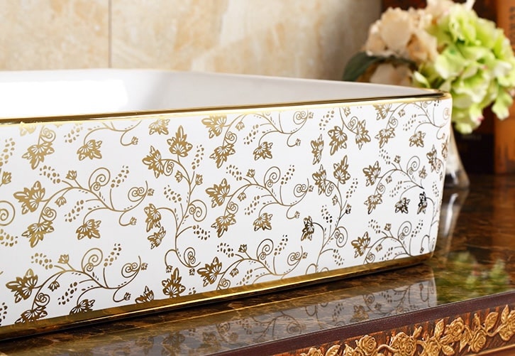 Elegant Rectangular Bathroom Basin With Gold Floral Accents  -  Gold Bathroom Basins / Sinks