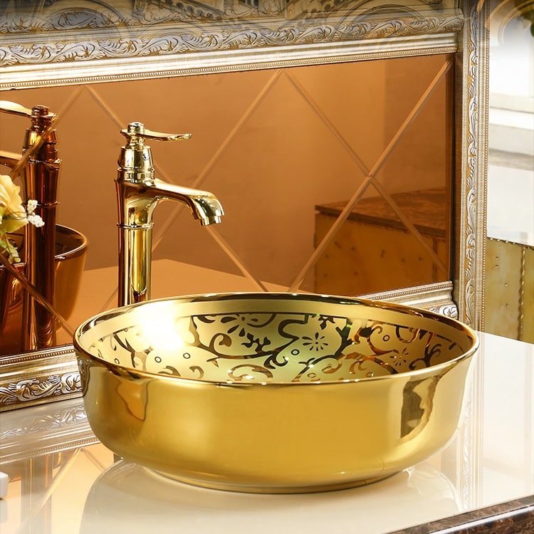 Luxe Gold Leaf Embellished Ceramic Bathroom Basin  -  Gold Bathroom Basins / Sinks