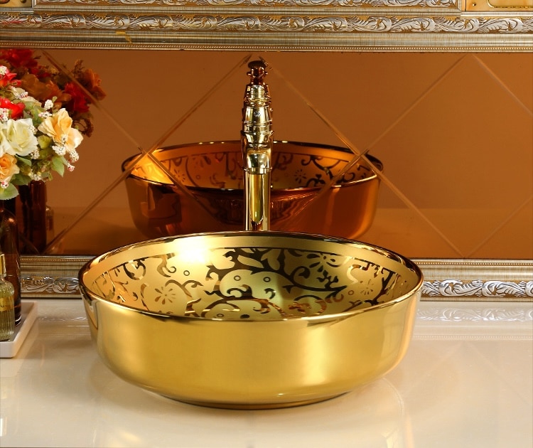 Luxe Gold Leaf Embellished Ceramic Bathroom Basin  -  Gold Bathroom Basins / Sinks