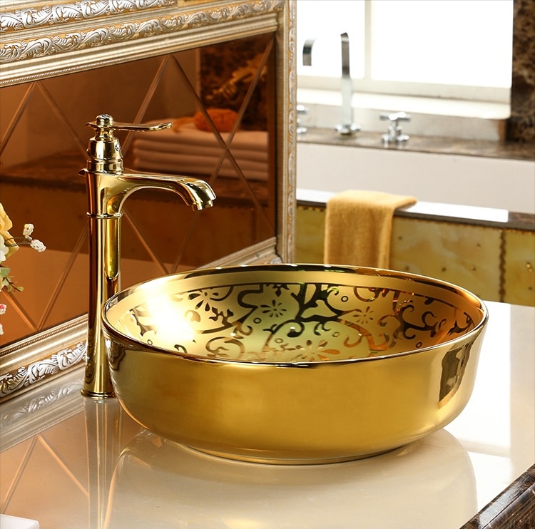 Luxe Gold Leaf Embellished Ceramic Bathroom Basin  -  Gold Bathroom Basins / Sinks