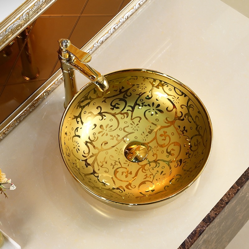 Luxe Gold Leaf Embellished Ceramic Bathroom Basin  -  Gold Bathroom Basins / Sinks