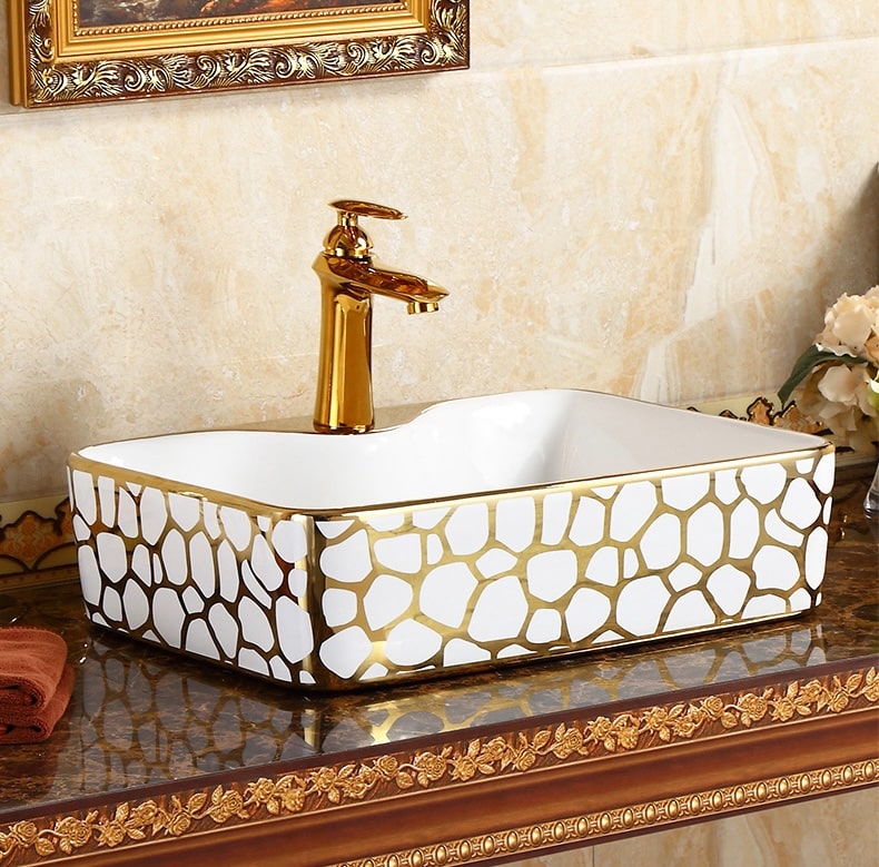 Seraphina Mosaic White And Gold Rectangular Basin  -  Gold Bathroom Basins / Sinks