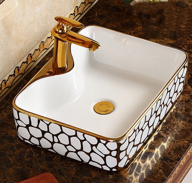 Seraphina Mosaic White And Gold Rectangular Basin  -  Gold Bathroom Basins / Sinks